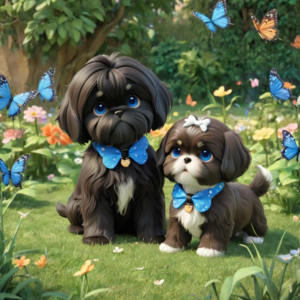 2 adorable small shih black shih tzu puppies wearing blue collars with bright blue eyes playing in park butterflies and flowes in background  3D Pixar style