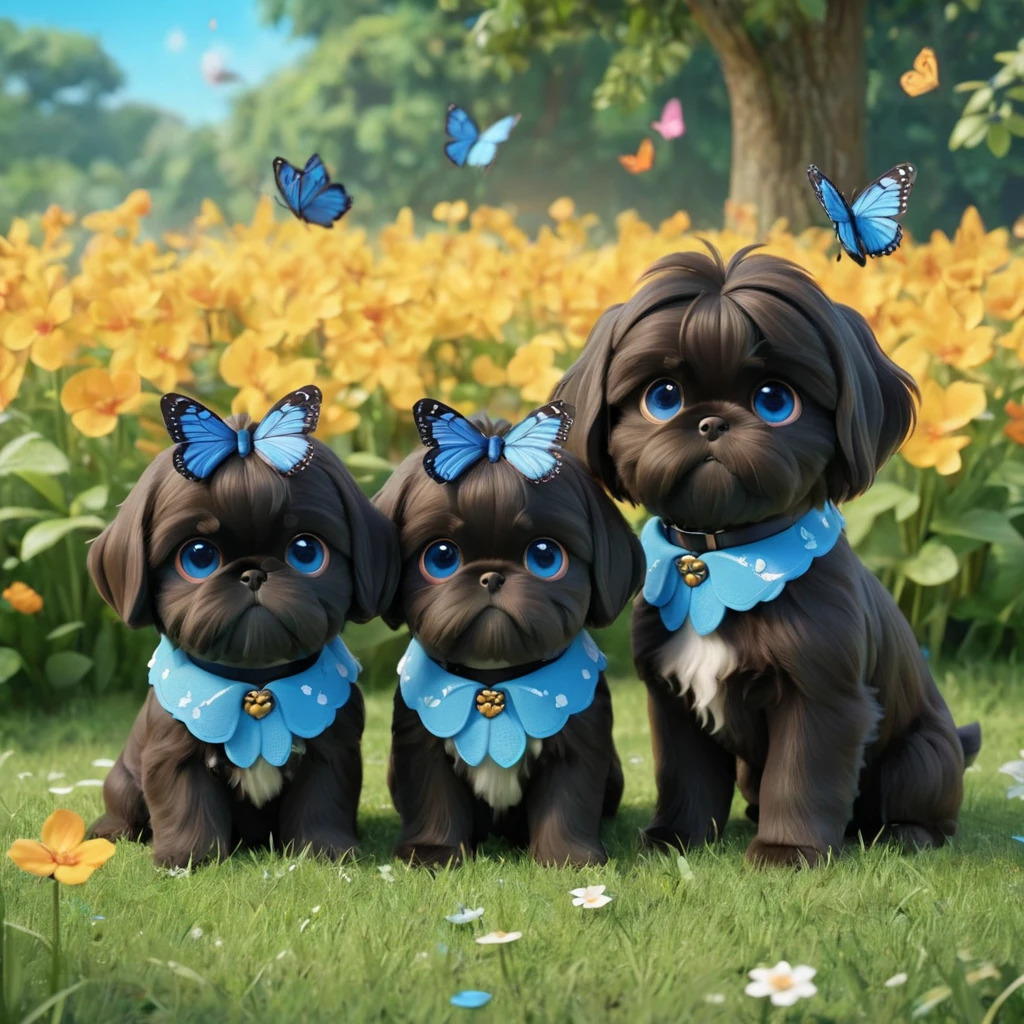 2 adorable small shih black shih tzu puppies wearing blue collars with bright blue eyes playing in park butterflies and flowes in background  3D Pixar style