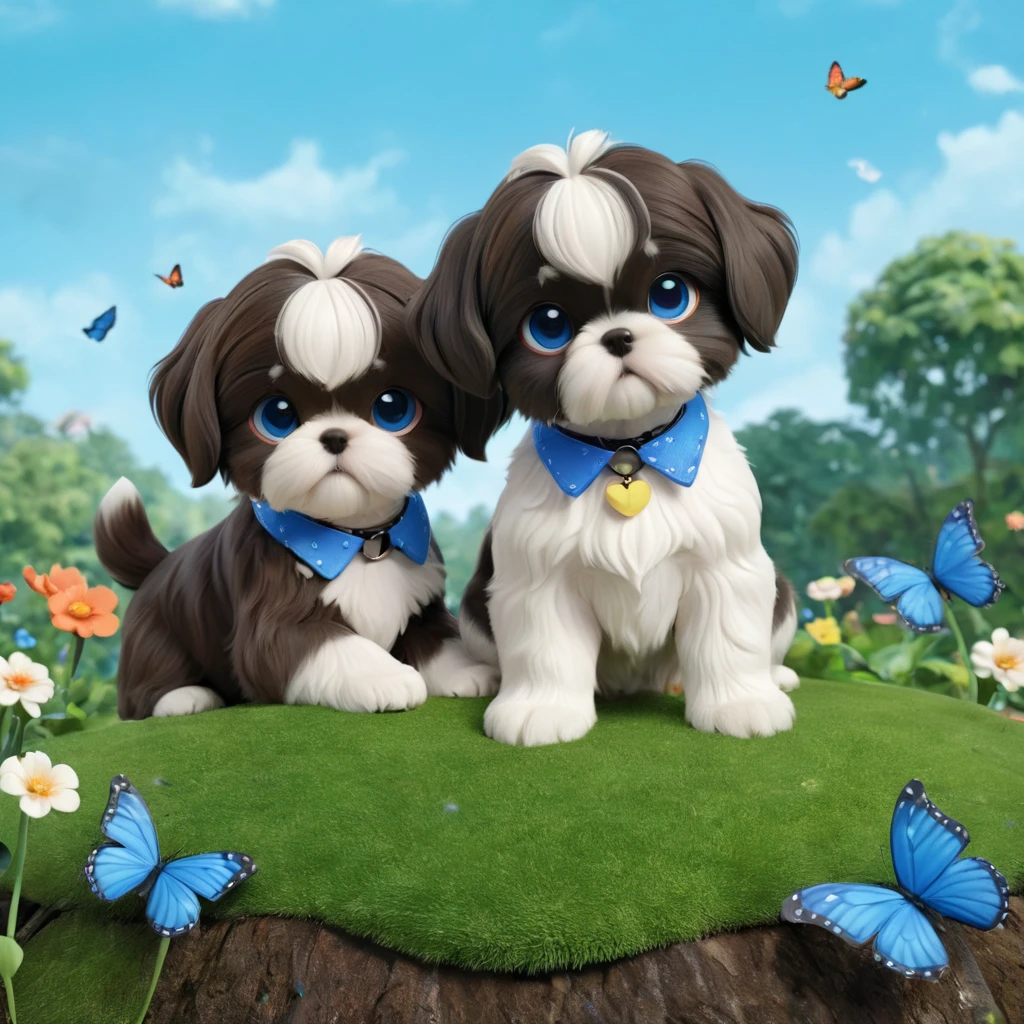 2 adorable small shih black shih tzu puppies wearing blue collars with bright blue eyes playing in park butterflies and flowes in background  3D Pixar style