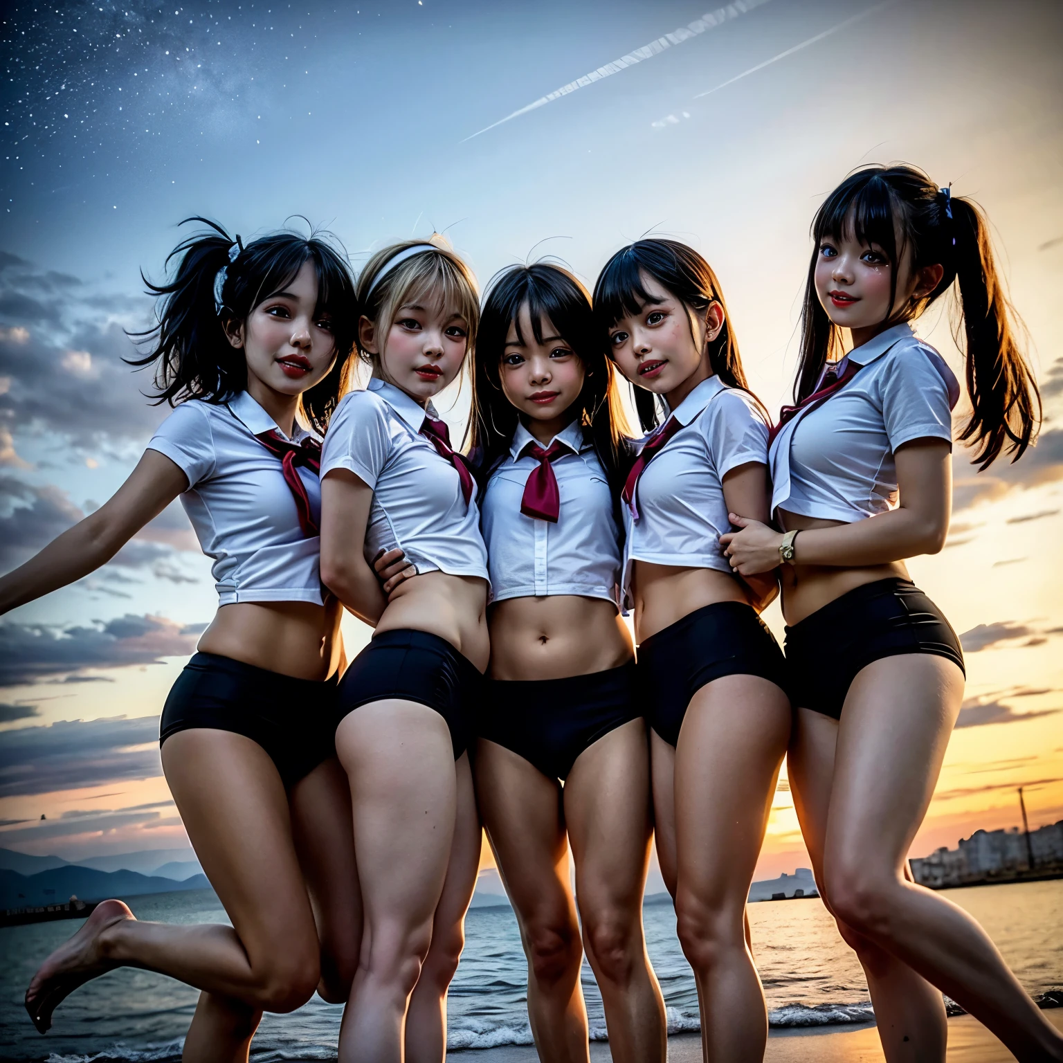  Masterpiece of ProfessionalPhoto ((ExtremelyDetailed (12 PICHIPICHI KAWAII Girls Floating in The Air in a row:1.37) in WHITE at Dusk Enoshima Beach)), {(Standing Full Body:1.2)|(from below:1.2)|Detailed KAWAII face}, Different types of hair colors, {(skinny(school swimwear))|(SchoolUniform)with Tiny AthleticShorts}, {(Corrected Childish hand)|Hidden hand|Different types of breasts|(Clearly Visible the shape of Butt)}, Joyful Expressions LifeLike Rendering, PerfectLighting, (Dazzling Horizon Visible through ThighGap), (Starry IridescentParticles:1.22) ColorfulClouds