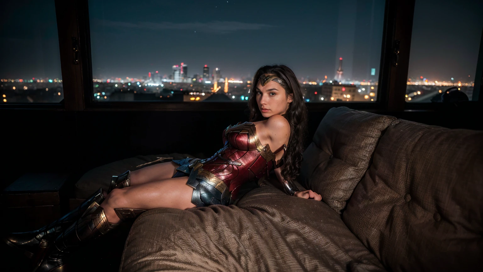 ((masterpiece), (solo character), (photorealistic:1.4), ),(best quality), (epiCRealLife), (g4lg), (wonder woman bra top), (g4lg show abs), (g4lg show cleavages), (Gal Godot in wonder woman costume), (lora:epiCFlashPhoto),(flashphoto), (flash photography) (look at viewers), (Paris bar), (Paris city landmark night views), (window), (night time), (pose for picture), (landscape photo), (on sofa), (from behind), (looking at viewers), (at night), (night time), (wonder woman boots), (from above)