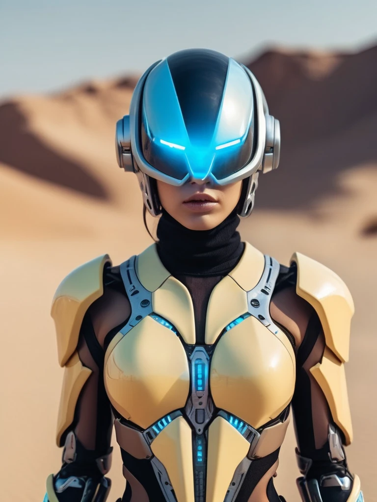 ral-opal, meahophontron, cyberpunk, woman ROBOT futuristic helmet (light yellow suit, black gray, light blue brown) With futuristic armor, soft tones, background image: (photo in the desert) soft tones, symmetry