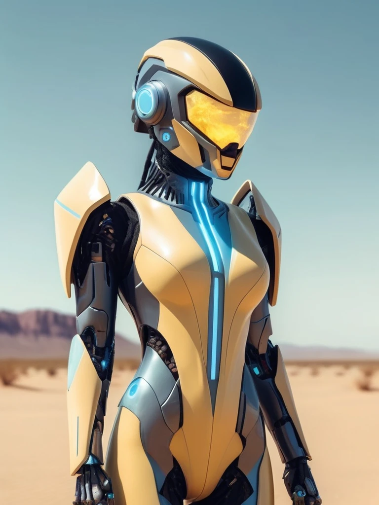 ral-opal, meahophontron, cyberpunk, woman ROBOT futuristic helmet (light yellow suit, black gray, light blue brown) With futuristic armor, soft tones, background image: (photo in the desert) soft tones, symmetry