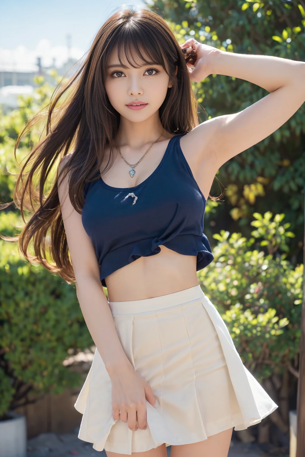 ((Tabletop, Highest quality, High resolution, Hmph, Hmph, Pixel Perfect, Written boundary depth, 4K, Very detailed))), One Girl, single, alone, , ((Long Hair, bangs, Dark brown hair)), ((Green Eyes:1.4, Round eyes, Beautiful eyelashes, Realistic eyes)), ((Detailed face, blush:1.2)), ((Smooth texture:0.75, Realistic texture:0.65, Realistic:1.1, Bright colors)), ((Mid-chest, Cleavage:0.9)), Dynamic Angle, Perfect body, ((throw, Dynamic pose, Portraiture)), ((Navy blue tank top、White Skirt、Fashionable, single Handbag, 1 diamond necklace)), smile, Open your mouth, amusement park, ((hospital))、((art:Alfonso Mucha))、(Skirt fluttering in the wind、Hairy crotch:1.5)、 ((Hawaiian sand beach))、