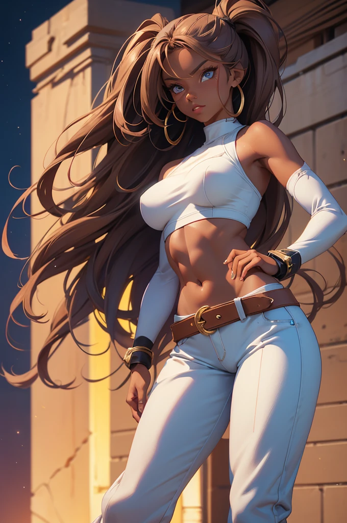 Bunny woman, rabbit woman, baggy pants, belt, blue eyes, tan skinned female, tanned, tan skin, dark skin, long pony tail, light brown hair, midriff, arm wraps, Official Art, Unity 8k Wallpaper, Ultra Detailed, Beautiful, High Quality, Beautiful, Masterpiece, Best Quality,