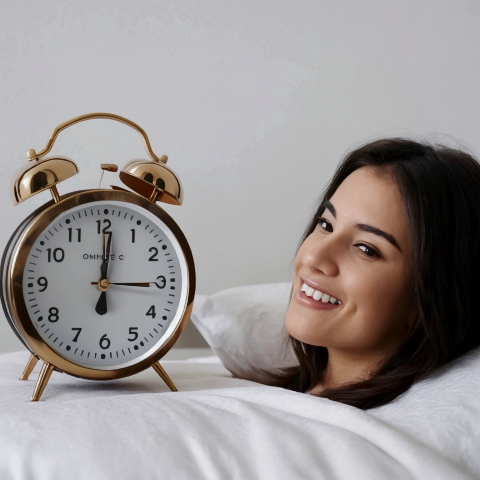 A person waking up happy with an alarm clock next to them showing money.