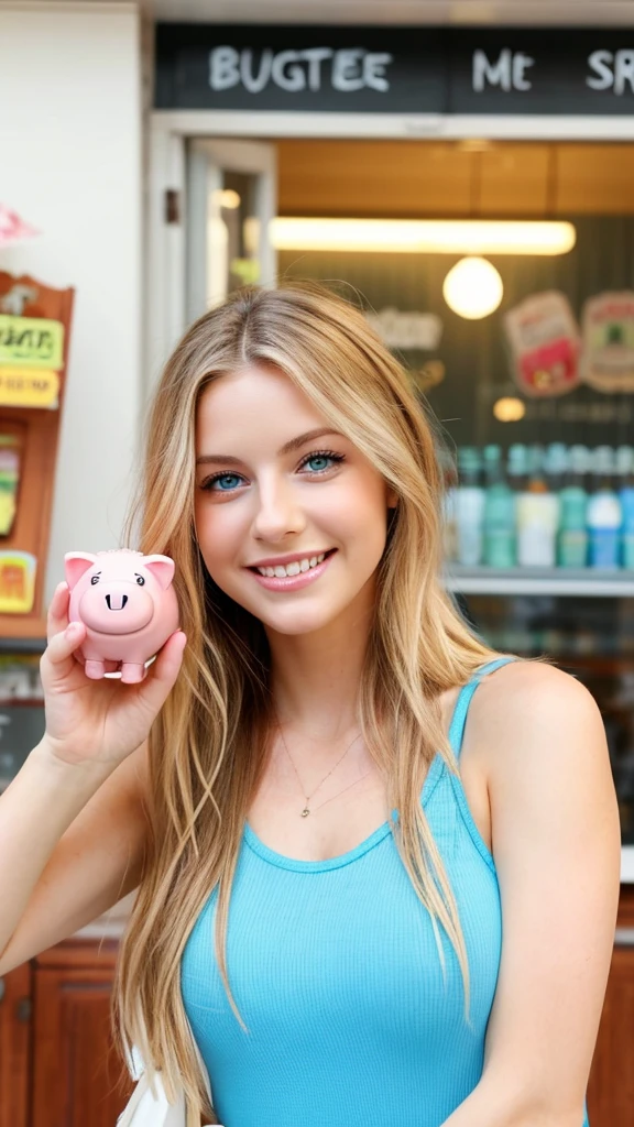 A beautiful young woman with clear blue eyes and a warm, friendly smile. She has long, blonde hair styled in a casual, tousled look with natural waves and a healthy shine. She is dressed in a summer tank top. She is standing and holding a piggy bank in one hand while pointing to it with the other. The background is bright and cheerful, and there are icons and graphs related to saving money floating in the background.
