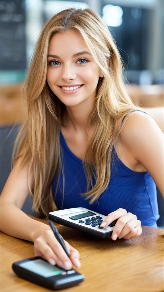 A beautiful young woman with clear blue eyes and a warm, friendly smile. She has long, blonde hair styled in a casual, tousled look with natural waves and a healthy shine. She is dressed in a summer tank top. She is sitting at a table, holding a calculator and looking at a financial chart. The background is bright and cheerful, and there are icons and graphs related to saving money floating in the background.
