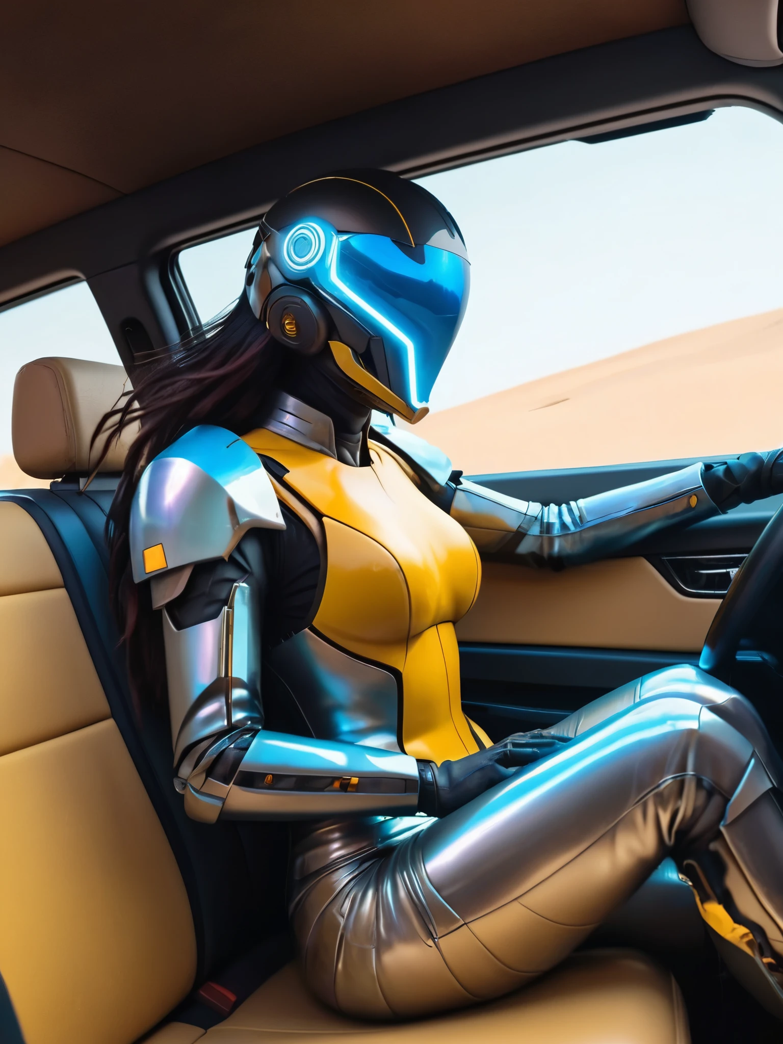 ral-opal, meahophontron, cyberpunk, (yellow suit, blue, Brown, gray, soft tones) With futuristic armor, (desert cyberpunk city) colores bluees, black, grayes con tonanalidades suaves, background image: (driving through the sea) (photo where she is seen sitting in the car with the door open) light tones (cyberpunk woman helmet)