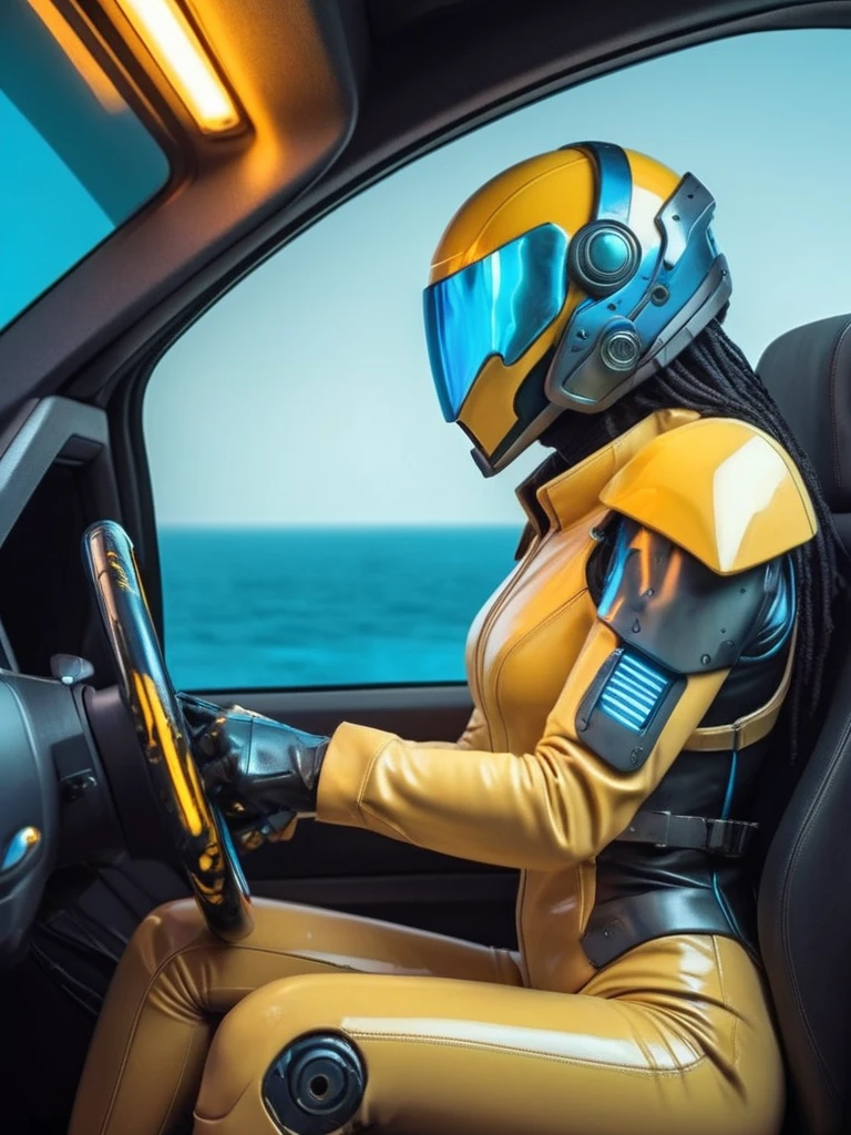 ral-opal, meahophontron, cyberpunk, (yellow suit, blue, Brown, gray, soft tones) With futuristic armor, (desert cyberpunk city) colores bluees, black, grayes con tonanalidades suaves, background image: (driving through the sea) (photo where she is seen sitting in the car with the door open) light tones (cyberpunk woman helmet) symmetry
