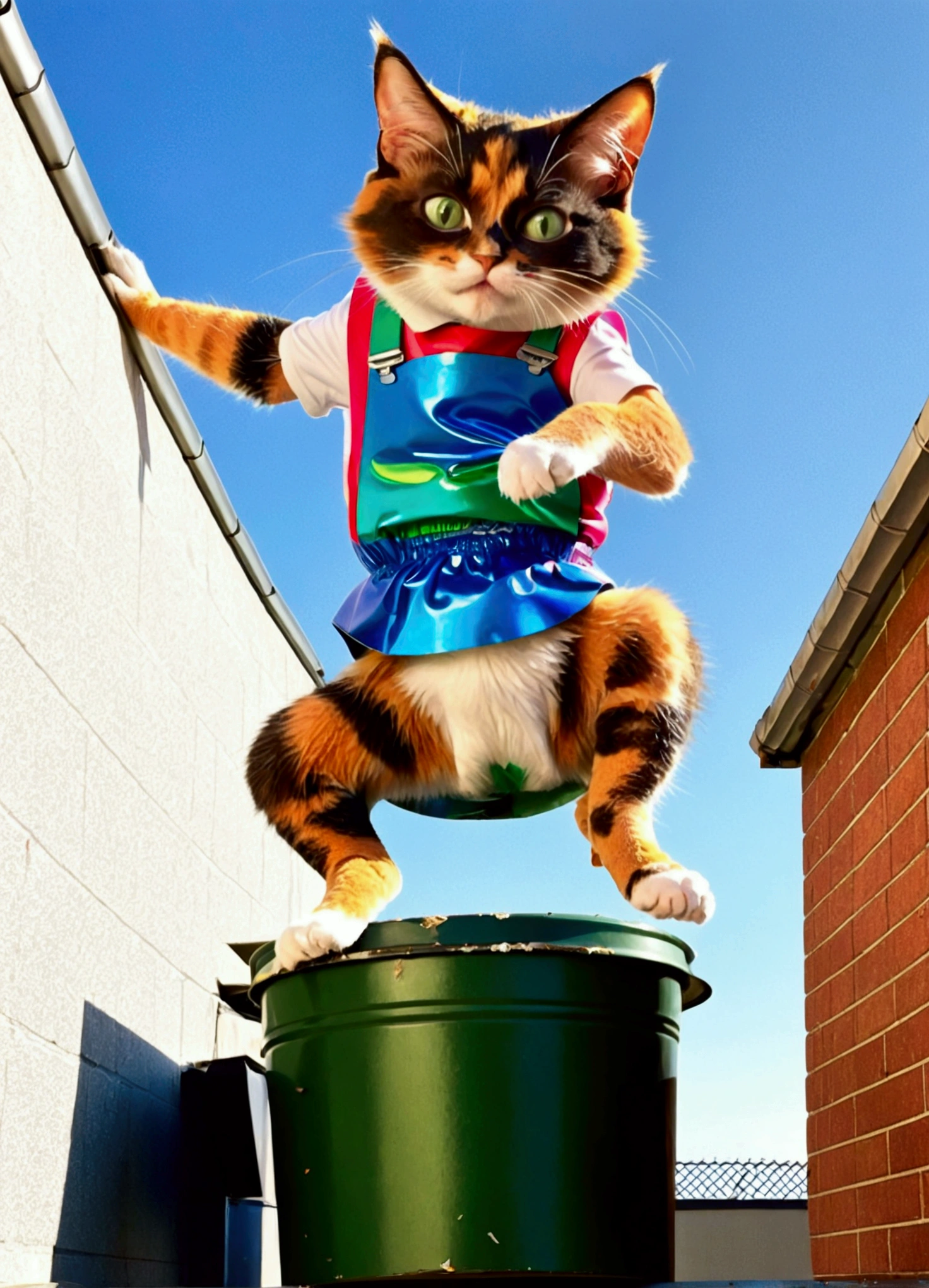 junkyard Cat, calico, black tail, white paws, green eyes, jumping off of a 5 story roof, full body, birds in the air, funny, ((zoomed out)), as a Garbage Pail Kid. Illustrated in the style of the Garbage Pail Kids cards, full body in image, head slightly oversized, busy, colorful