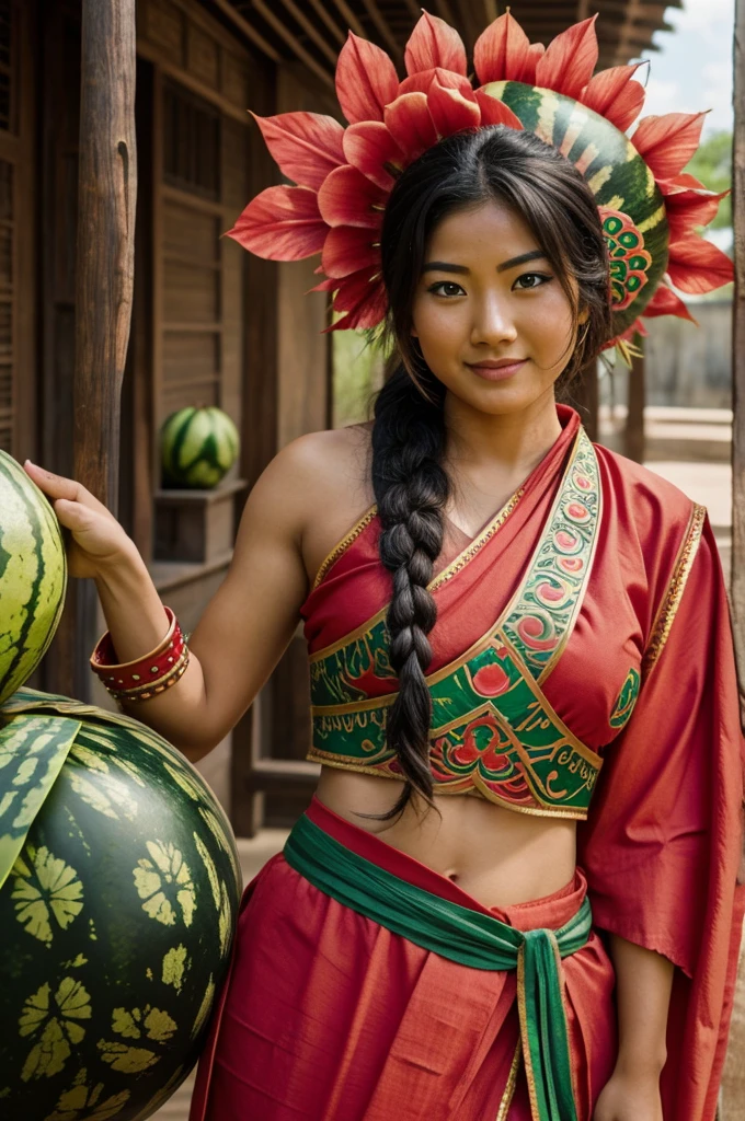 Trozo de Watermelon, with asian warrior costume, humanización de la Watermelon, Watermelon 