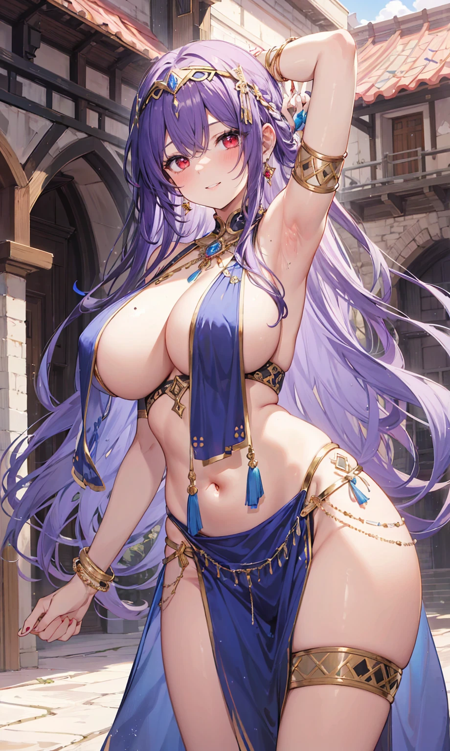 high quality, ultra detailed, best quality, insanely detailed, beautiful, masterpiece, 1girl, medieval plaza, cowboy shot, red eyes, long hair, purple hair, belly dancer, circlet, earrings, armlets, bracelets, bashful smile, large breasts, cleavage, soft stomach