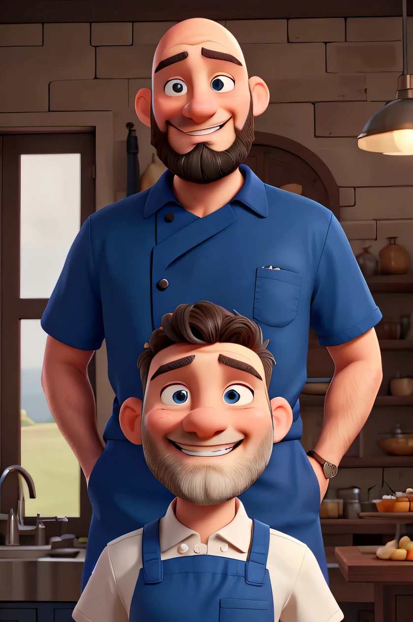 Bald man,Caucasian skin,blue colored eyes,Grinning, closed beard ,wearing chef clothes, next to woman, short black hair,skin black,WEARING A CHEF&#39;S OUTFIT,Grinning