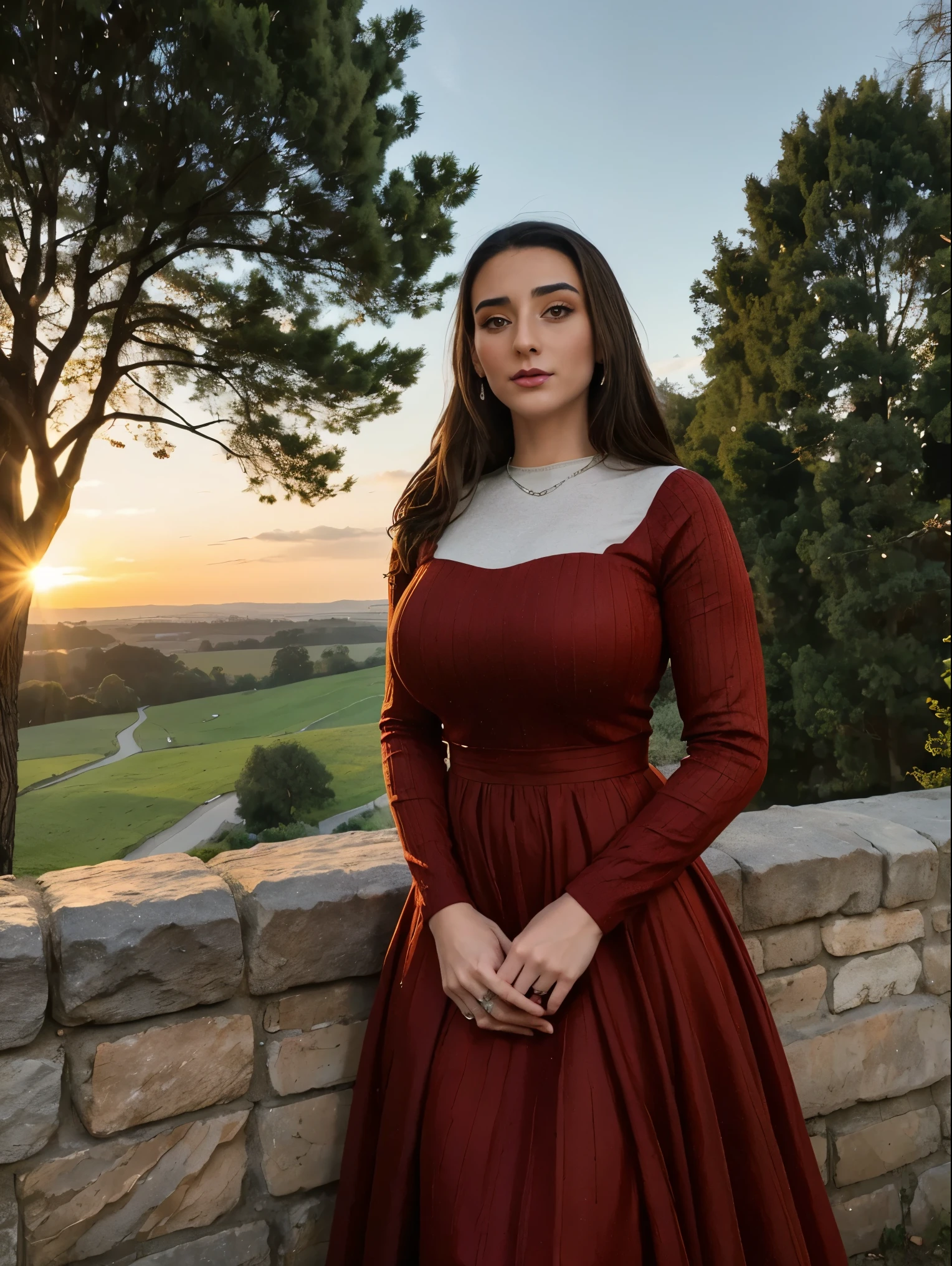 Gorgeous and sultry busty athletic (thin) brunette queen with sharp facial features wearing a modest updo, dark red medieval dress, long sleeves, intricate patterns, embroidery, wide neck, crown, veil, long dress, tight bodice, (silver waist chain), medieval jewelry, Middle Ages, castle, rampart, wall, exterior, on top of a castle wall, trees, countryside, evening, sunset.