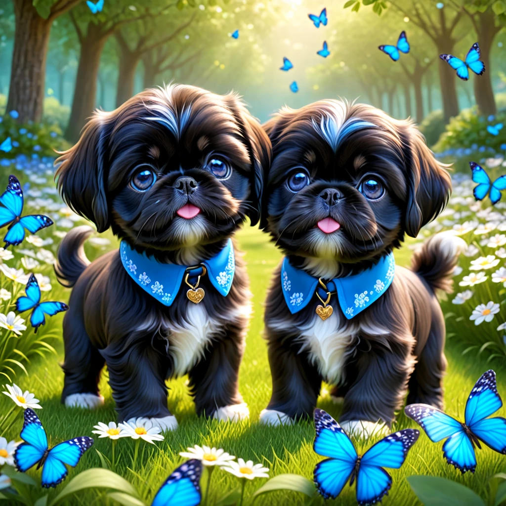 2 adorable small shih black shih tzu puppies wearing blue collars with bright blue eyes playing in park butterflies and flowes in background  3D Pixar style