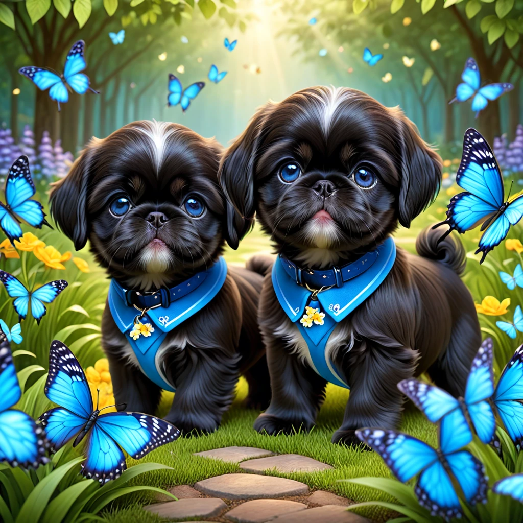 2 adorable small shih black shih tzu puppies wearing blue collars with bright blue eyes playing in park butterflies and flowes in background  3D Pixar style