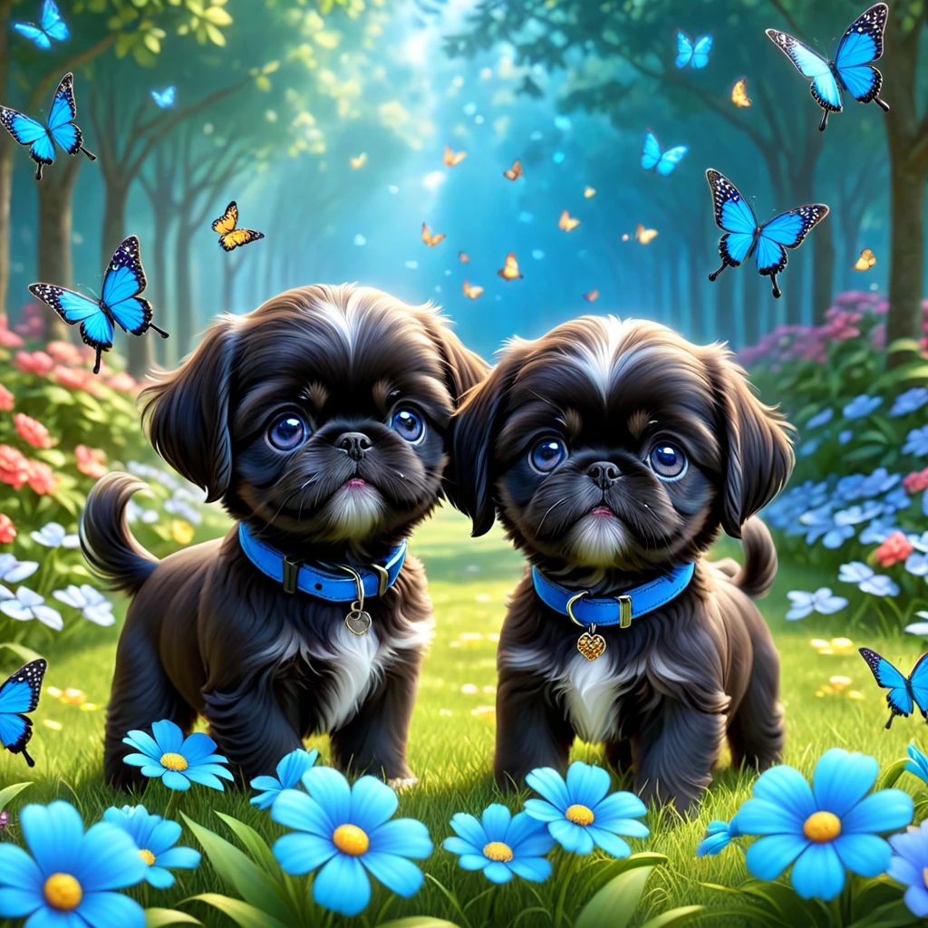 2 adorable small shih black shih tzu puppies wearing blue collars with bright blue eyes playing in park butterflies and flowes in background  3D Pixar style