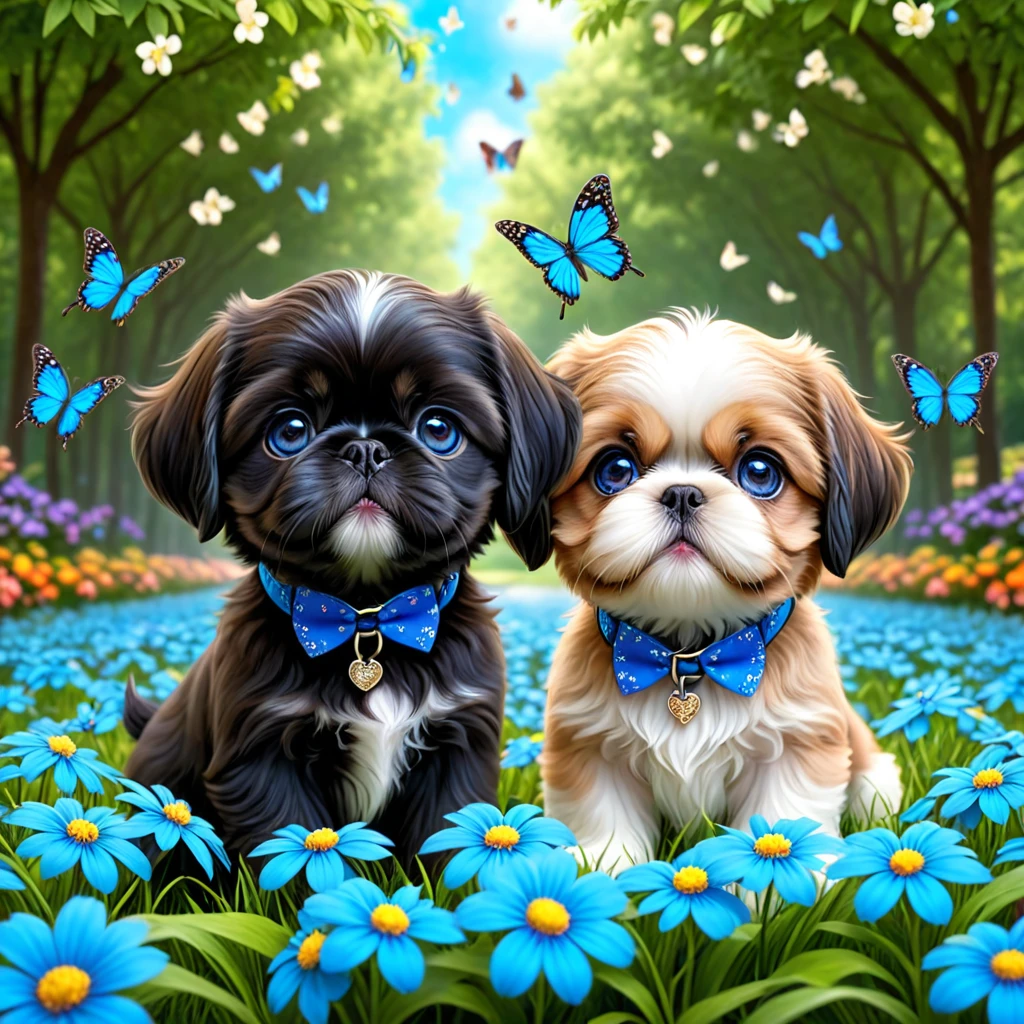 2 adorable small shih black shih tzu puppies wearing blue collars with bright blue eyes playing in park butterflies and flowes in background  3D Pixar style