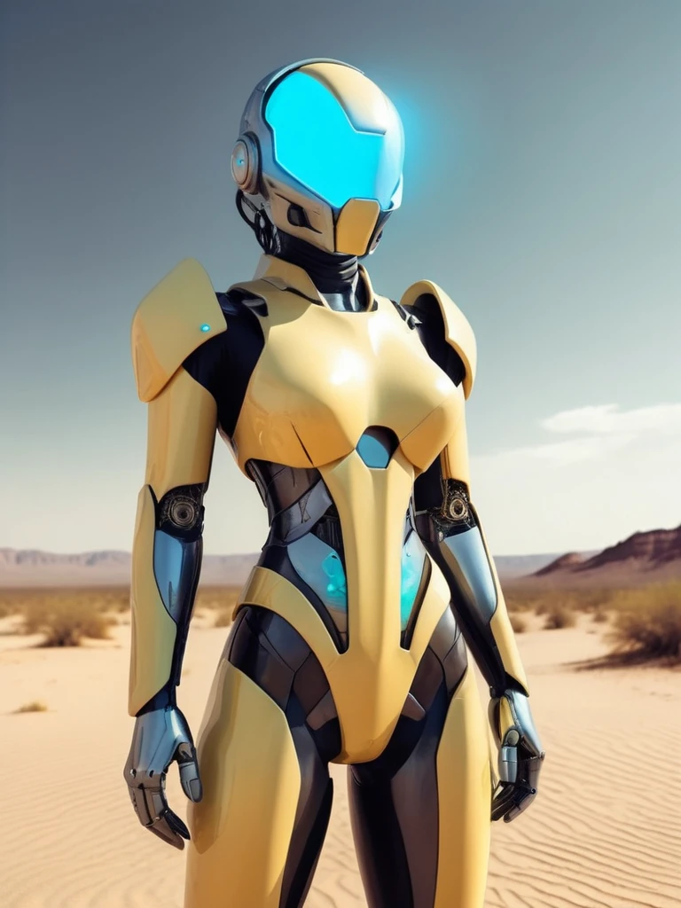 ral-opal, meahophontron, cyberpunk, woman ROBOT futuristic helmet (light yellow suit, black gray, light blue brown) With futuristic armor, soft tones, background image: (photo in the desert) soft tones, symmetry, HdR