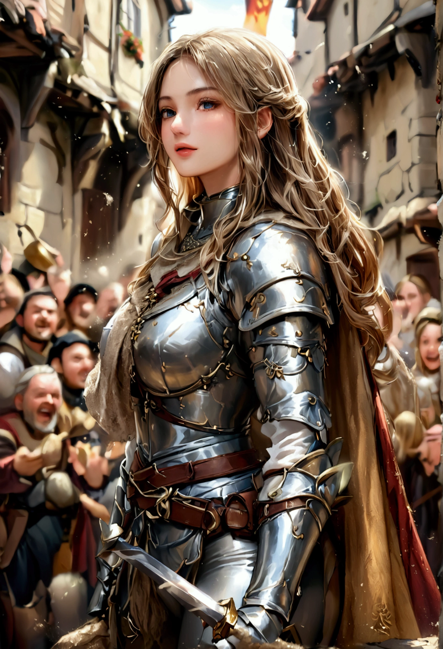 Realistic, Super detailed, masterpiece, Super detailed, 1 female warrior, Wavy Cape, long flowing hair, Swordsman Style, Light Armor, (Earth-toned long leggings), Slim figure, Toned thighs, Tight round ass, Medieval European Town, Swirling Dust, Low angle shot, From below, A cheering crowd celebrates the hero&#39;s return