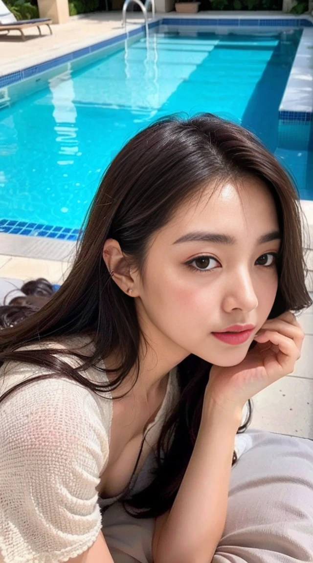 Dark brown hair、Light brown eyes、Japanese actress、 Lady、I am about 40 years old...、(Intricate details:1.2)、(Which is higher???:1.4)、 (Ultra-high resolution:1.2)、Ultra-high resolution、(Fine-tune)、(Detailed facial features)、Hmph、8k resolution、D cup size breasts、Hair length、By the pool、Venice hotel pool、Venice hotel pool、Sitting on a beach bed iBy the pool、You can see the pool in the back、Extravagant space、relax、T-Shirts、濡れたT-Shirts、Water Drop,Full body photo、Head to toe shot、lying on a beach bed、Photographed while lying on a beach bed、Lie down with your butt up、Accentuate your breasts、Gentle expression、