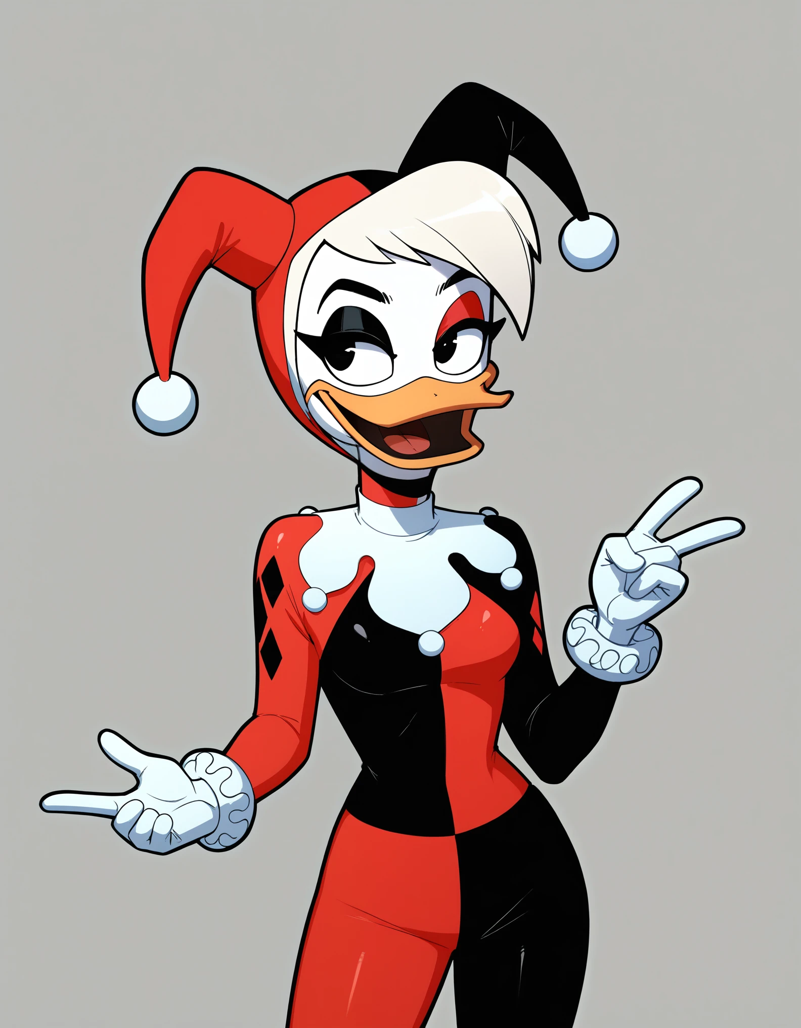 score_9, score_8_up, score_7_up, score_6_up, source_furry, by ducktales, anthro duck, white hands, della duck, white hair, black eyes, narrowed eyes, happy, clothed, clothing, (Harley Quinn costume, Harley Quinn clothing, jester cap, multicolored bodysuit), standing, white skin, solo, night