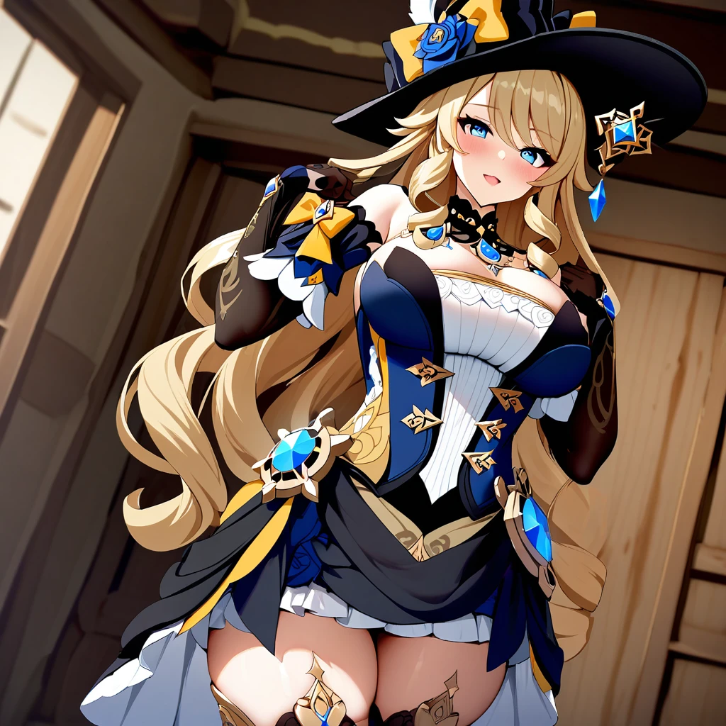 masterpiece, best quality, 1girl, solo, hat, blonde-hair, drill-hair, gloves, breasts, blue-eyes, witch-hat, thigh-boots, thighhighs, boots, elbow-gloves, open-mouth, staff, purple-headwear, smile, dress, full-body, simple-background, cleavage, large-breasts, looking-at-viewer, purple-dress, very-long-hair, purple-gloves, holding, purple-footwear, wand standing-on-one-leg, twin-drills, holding-staff, witch, black-footwear, puffy-sleeves