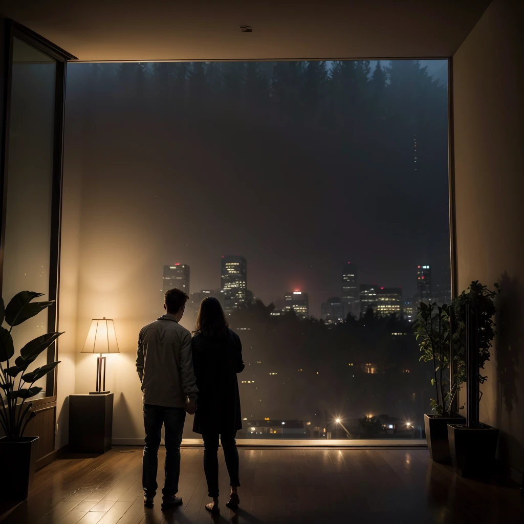 Modern mid-century living room dimly lit, outside is dark rainy nattas, (foggy rainy nattas: 1.2), Pacific Northwest, (diffused lights: 1.4), (moody lights: 1.2), plants, large plants, rainy days, monstr, many plants, (fogged up windows: 1.2), work of art, best qualityer, twilight, (natta: 1.4), rainy nattas, after sunset,
And a couple holding hands watching from the inside .