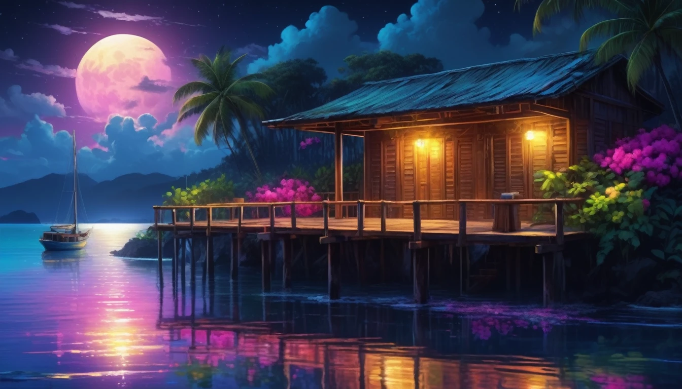 painting of a neon moonlight,dock areas, Bougainville decoration , 4k hd, moonlight, cloud,ocean, moonlight reflection,beautiful art uhd 4 k, a beautiful artwork illustration, beautiful digital painting, highly detailed digital painting, beautiful digital artwork, detailed painting 4 k, very detailed digital painting, rich picturesque colors, gorgeous digital painting