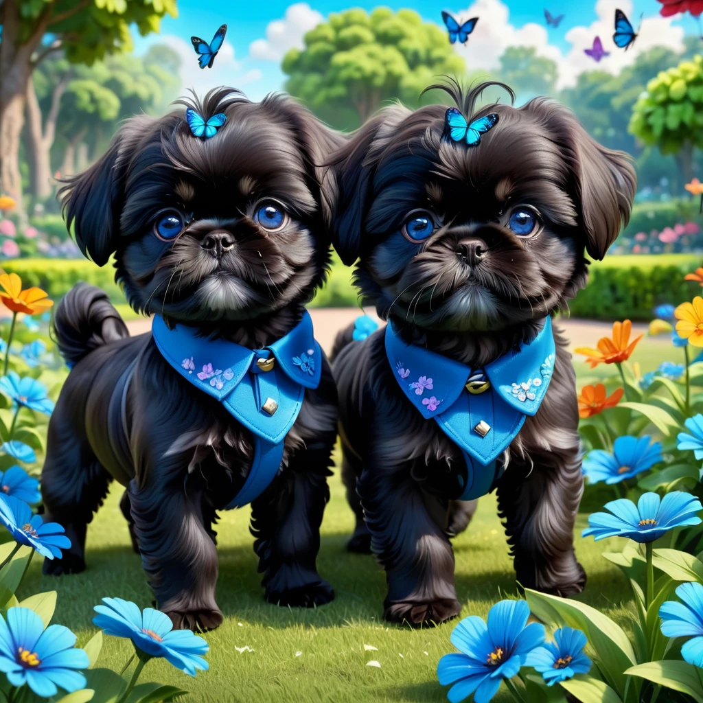 2 adorable small shih black shih tzu puppies wearing blue collars with bright blue eyes playing in park butterflies and flowes in background  3D Pixar style