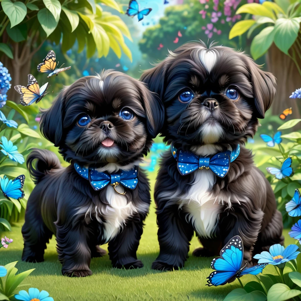 2 adorable small shih black shih tzu puppies wearing blue collars with bright blue eyes playing in park butterflies and flowes in background  3D Pixar style