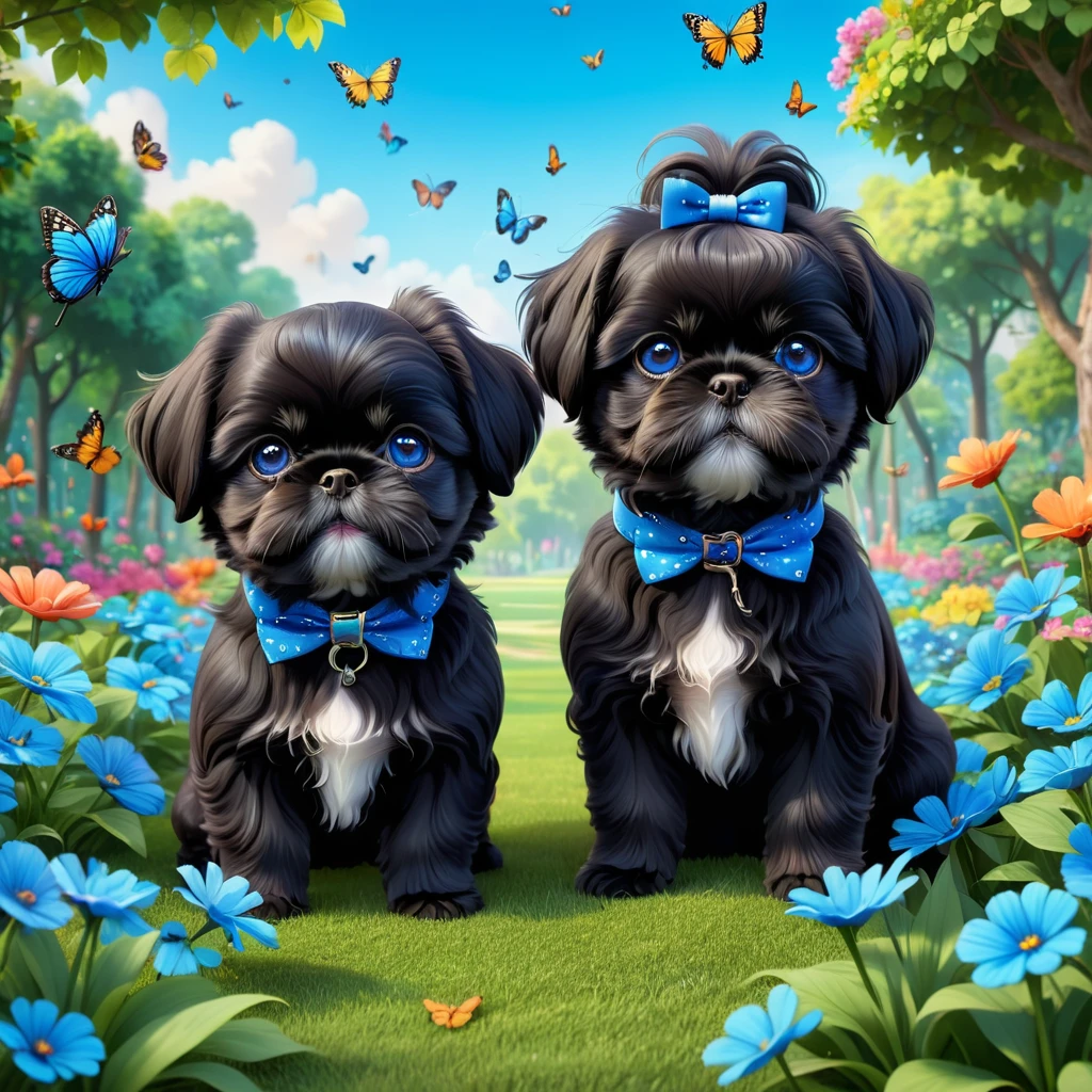 2 adorable small shih black shih tzu puppies wearing blue collars with bright blue eyes playing in park butterflies and flowes in background  3D Pixar style