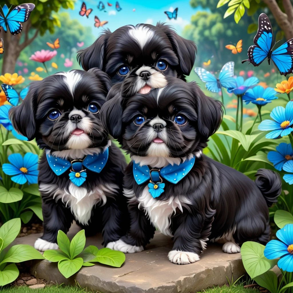 2 adorable small shih black shih tzu puppies wearing blue collars with bright blue eyes playing in park butterflies and flowes in background  3D Pixar style