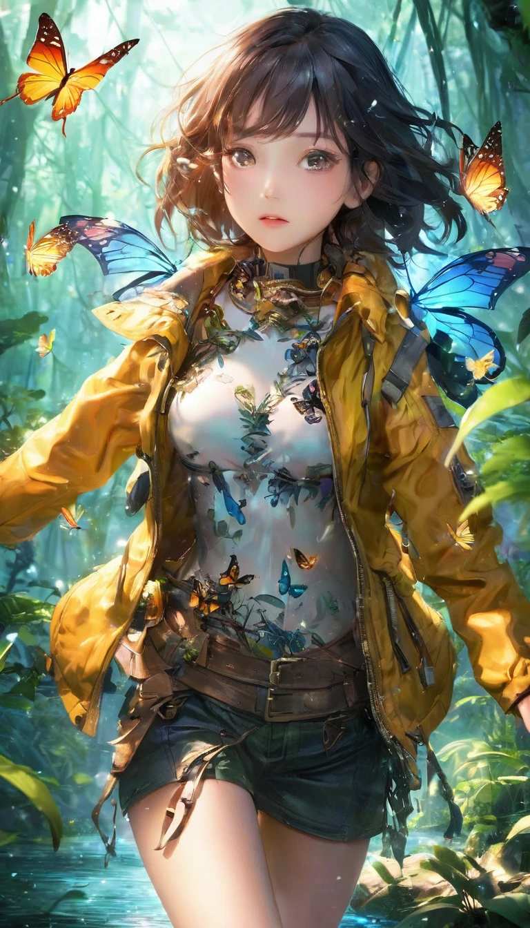 Highest quality, Highest quality, 16K, software, Unbelievably absurd, Very detailed, delicate and dynamic, Natural light, The particles reflect light beautifully, Diffuse reflection of light, Vortex of Light, jungle, jungleに隠された美しい古代遺跡, Colorful butterflies fluttering, Wildlife, firefly, 隠されたtreasure, maze, Skeleton, Create amazing image effects, Body close-up, pyramid, (Cute sexy girl, firm bouncing busts, Sensual expression, Passionate,Serious, Uplifting, Explorer, River Jacket, Explorerの装備, Explorerの服装, Leather boots, treasure)