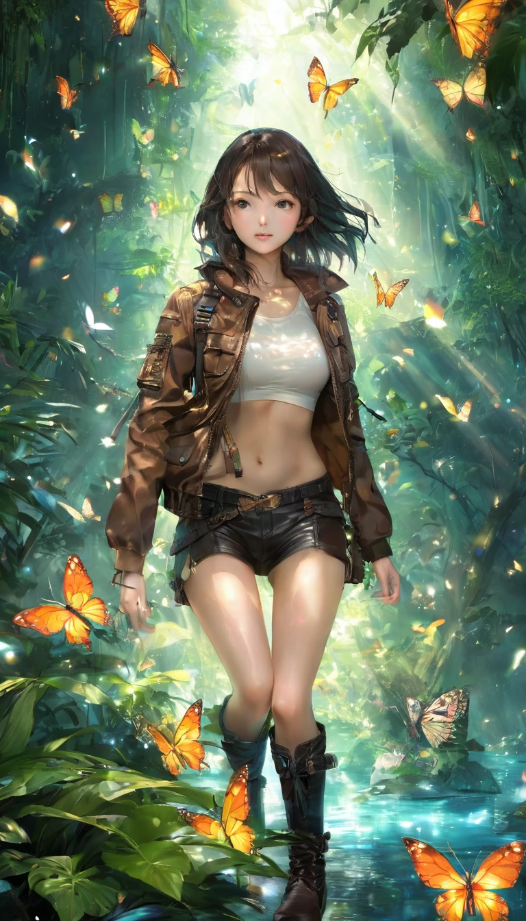 Highest quality, Highest quality, 16K, software, Unbelievably absurd, Very detailed, delicate and dynamic, Natural light, The particles reflect light beautifully, Diffuse reflection of light, Vortex of Light, jungle, jungleに隠された美しい古代遺跡, Colorful butterflies fluttering, Wildlife, firefly, 隠されたtreasure, maze, Skeleton, Create amazing image effects, Body close-up, pyramid, (Cute sexy girl, firm bouncing busts, Sensual expression, Passionate,Serious, Uplifting, Explorer, River Jacket, Explorerの装備, Explorerの服装, Leather boots, treasure)