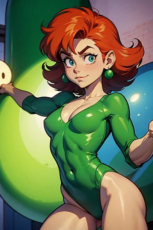 a redhead cartoon character dressed in a green leotard, very muscular, a young male wizard, 1980s cartoon, animated episode still, Presto (((mad)))