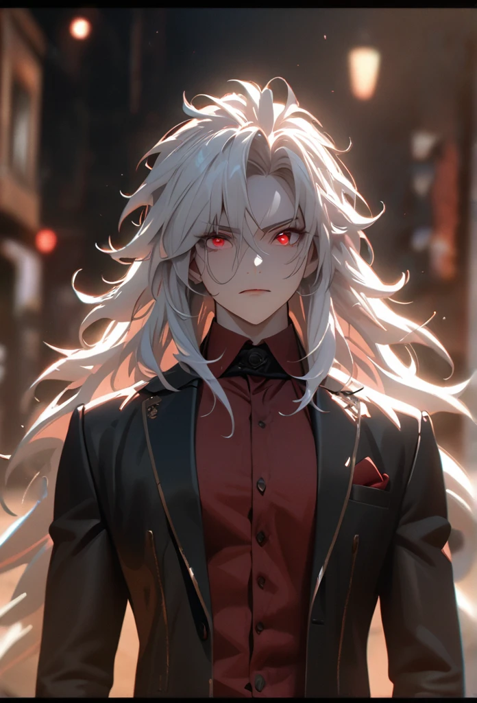 (solo), masculine, white hair, messy hair, mane hair, long hair, dense hair, wild hair, expressive hair, mature,(25 year old), pale skin, red eyes, ((man)), wearing black suit, red shirt, vampire, serious, handsome, attractive, eye reflection, depth of field, thunder aura,cinematic lighting, ray tracing, depth of field, cinematic lighting, ray tracing, UHD, high details, best quality, highres, high quality, award winning, super detail, masterpiece, 8k, UHD, high details, best quality, highres, high quality, award winning, super detail, masterpiece, 8k, digital art, anime coloring, ((body shot)), good face, perfect face, detailed face, good eyes, facing foward