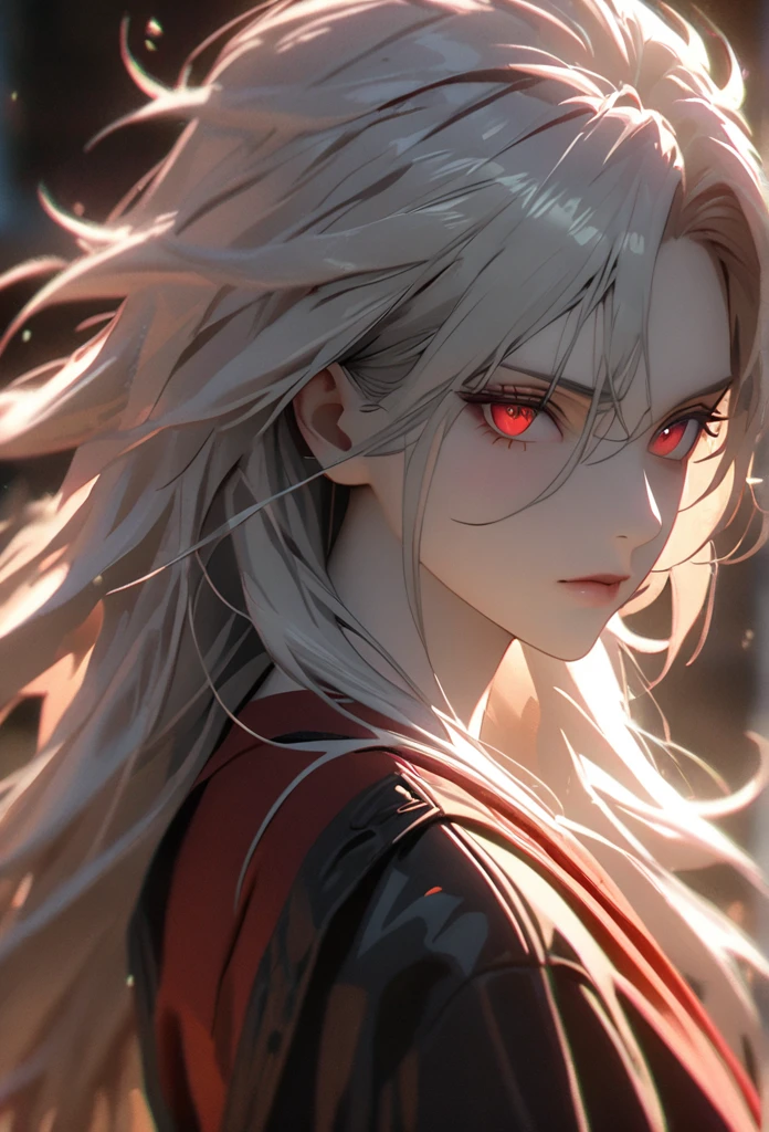 (solo), masculine, white hair, messy hair, mane hair, long hair, dense hair, wild hair, expressive hair, mature,(25 year old), pale skin, red eyes, ((man)), wearing black suit, red shirt, vampire, serious, handsome, attractive, eye reflection, depth of field, thunder aura,cinematic lighting, ray tracing, depth of field, cinematic lighting, ray tracing, UHD, high details, best quality, highres, high quality, award winning, super detail, masterpiece, 8k, UHD, high details, best quality, highres, high quality, award winning, super detail, masterpiece, 8k, digital art, anime coloring, ((body shot)), good face, perfect face, detailed face, good eyes, facing foward