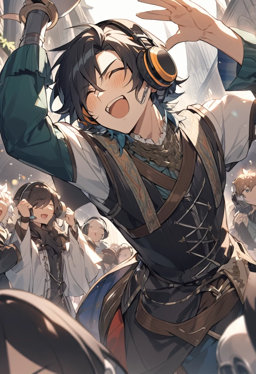 A male angel that IS a dj of Electronic músic. He's in a medieval era. He has headphones and is making music with a crowd looking at him and cheering him up. He has Black anime hair.