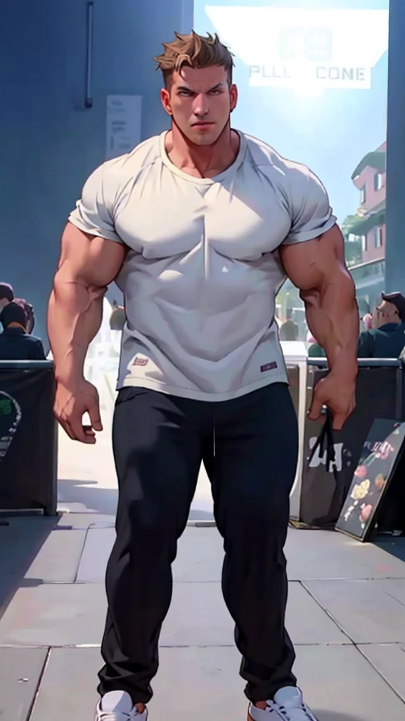 Full male athlete picture, Standing in the center court of the gym, He wears a high-end transparent white tight-fitting sportswear, The man looks confident and determined, sunshine, big breasts cheerful, Good-looking, Crew cut, full bodyesbian, shooting from below,