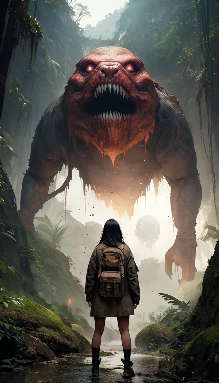jungle adventure, horror, fantasy,other worlds, absrtact, realistic photo, 1 girl, monster, full body shot, panoramic view, girl and monster in jugle
