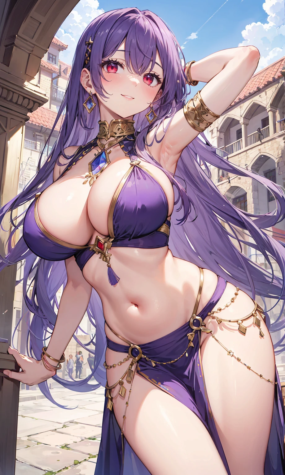 high quality, ultra detailed, best quality, insanely detailed, beautiful, masterpiece, 1girl, medieval plaza, cowboy shot, red eyes, long hair, purple hair, belly dancer, circlet, earrings, armlets, bracelets, bashful smile, large breasts, cleavage, soft stomach
