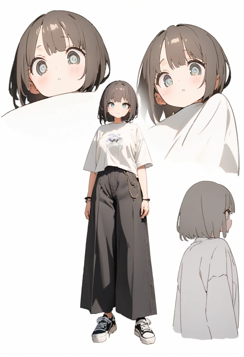 (Highest、Highest画質：1.2、8k), Center, whole body,1 female, Street style shirts, Black wide pants, simple sneakers, Simple Background, White background, Big eyes, Delicate eyes, Beautiful Eyes