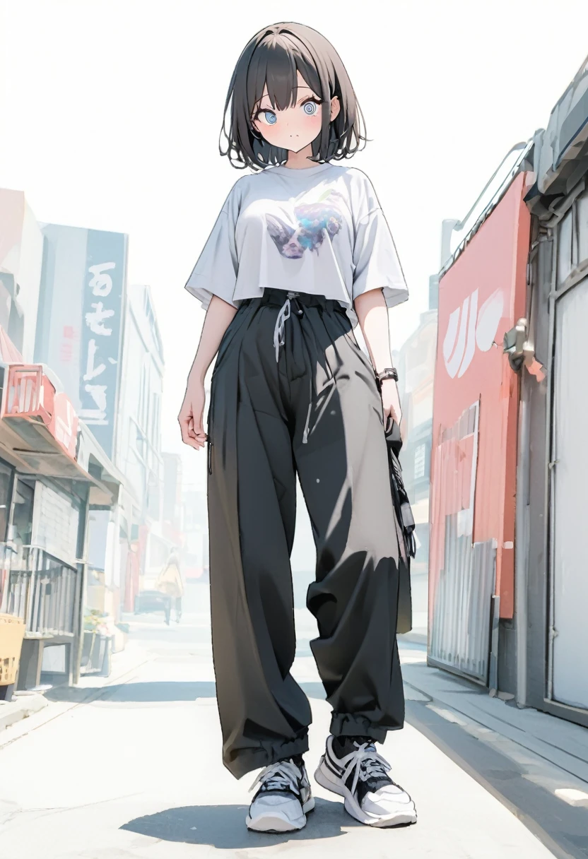 (Highest、Highest画質：1.2、8k), Center, whole body,1 female, Street style shirts, Black wide pants, simple sneakers, Simple Background, White background, Big eyes, Delicate eyes, Beautiful Eyes