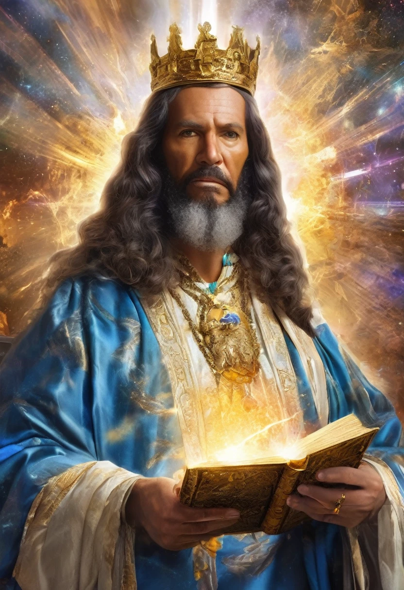 A detailed, close-up portrait of King Solomon, clad in ethereal, light royal robes, holding a book of mystical seals in his hands, surrounded by a golden aura and an explosion of cosmic energy, high quality, 18k, HDR