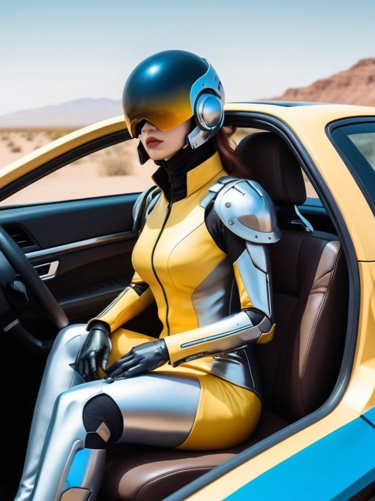 ral-opal, meahophontron, cyberpunk, (yellow suit, blue, Brown, gray, soft tones) With futuristic armor, (desert cyberpunk city) colores bluees, black, grayes con tonanalidades suaves, background image: (driving jet) (photo where she is seen sitting in the car with the door open) light tones (cyberpunk woman helmet) symmetry