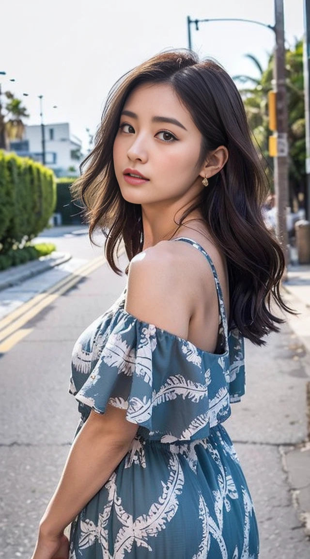 Dark brown hair、Light brown eyes、Japanese actress、 Lady、I am about 40 years old...、(Intricate details:1.2)、(Which is higher???:1.4)、 (Ultra-high resolution:1.2)、Ultra-high resolution、(Fine-tune)、(Detailed facial features)、Hmph、8k resolution、D cup size breasts、Long Hair、1 girl, A look of deep sadness, (Very detailed美しい顔), (loose fitting dress :1.5),(Exposing shoulders:1.3), (Highest quality:1.4), (Very detailed)、Beautiful white skin,  Angle from below、 Open your mouth a little、I can see your feet、Pose of Weakness、Obscene pose、Street fashion、Very sandals、Cut-out Design、Are standing、Los Angelesの街路、Ocean、Coconut Tree、Turn your ass towards me、Hair blowing in the wind、Los Angeles、