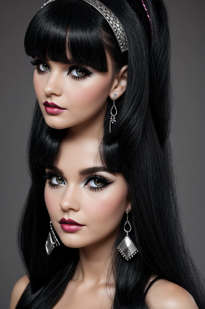 Generate a monster high doll with black hair with bangs, silver earrings and dark makeup 
