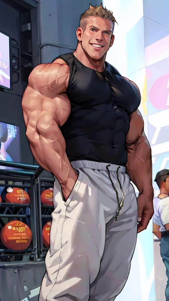 Staring at the audience、T-Shirts、pants、Are standing、short hair、Highest quality、masterpiece、Ultra-high resolution、Muscular man、Mature Men、The chunky body of a rose、Thick arms、Thick thighagician、smile、laughing、Large build、Big